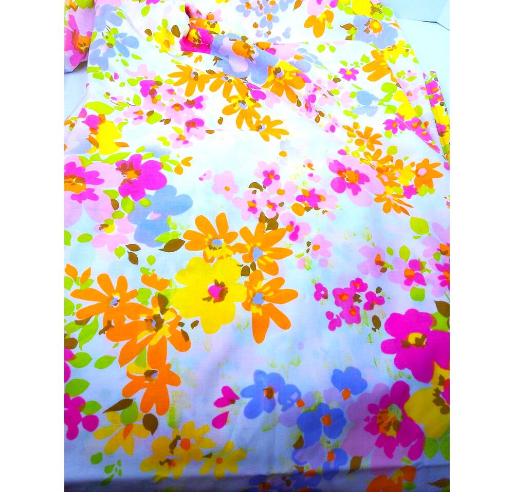 Vtg 70s Springmaid Twin Flat Sheet Retro Pink Yellow Orange Floral Mod Bedding